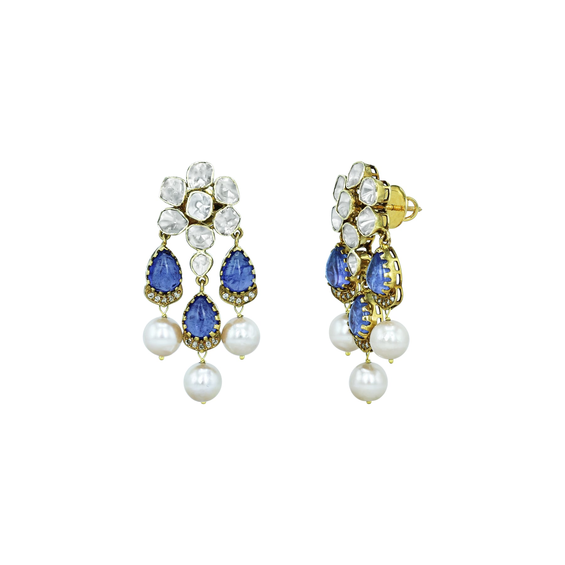 Tanzanite Necklace Set with Polki Diamonds and Pearl Drops